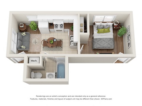 Floor plan for studio, 1 bath, 332 sqft